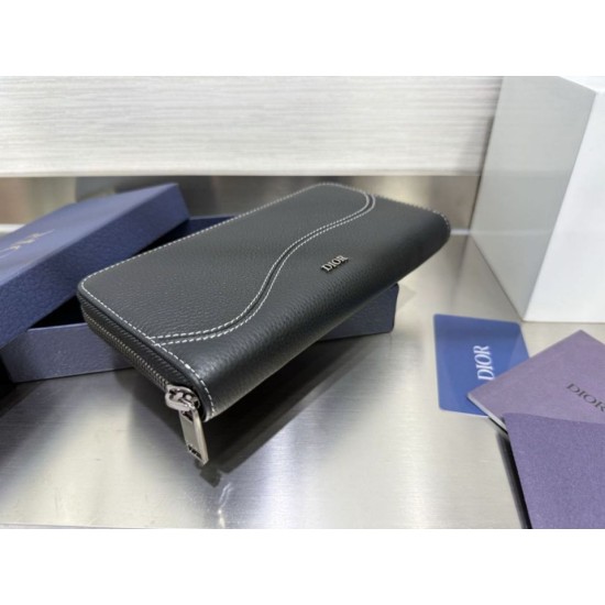 1:1 Replica Dior Saddle long zip-around wallet black grained calfskin Knockoff