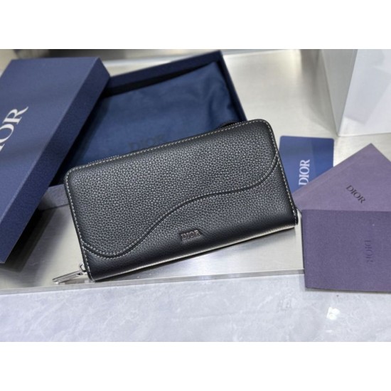 1:1 Replica Dior Saddle long zip-around wallet black grained calfskin Knockoff
