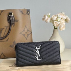 1:1 Replica YSL Saint Laurent Monogram Continental Zip Around Wallet Black and Silver Knockoff