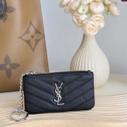 1:1 Replica YSL Saint Laurent Cassandre Matelassé Fragments Zip Around Card Holder Black and Silver Knockoff