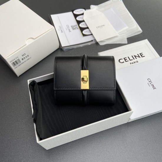 1:1 Replica CELINE 16 Small Tri-Fold Wallet Satin Calfskin Black Knockoff