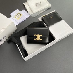 1:1 Replica Celine Compact Wallet with Triomphe Coin Purse Black Knockoff