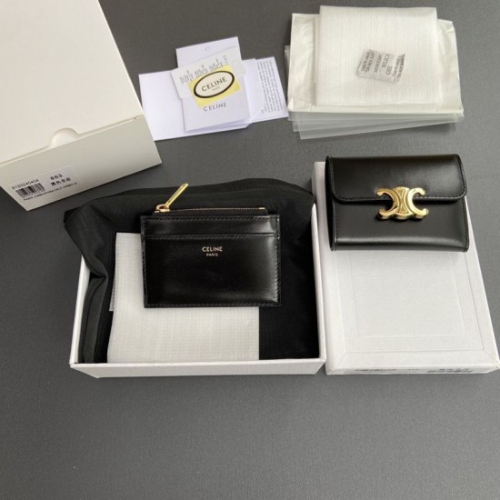 1:1 Replica Celine Compact Wallet with Triomphe Coin Purse Black Knockoff