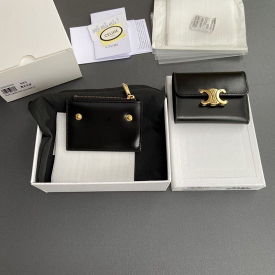 1:1 Replica Celine Compact Wallet with Triomphe Coin Purse Black Knockoff
