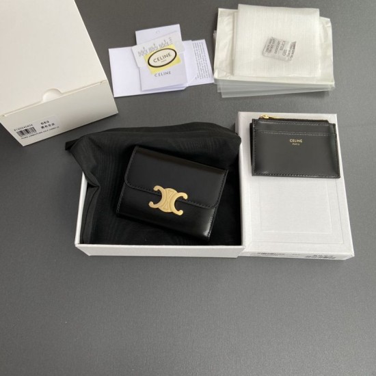 1:1 Replica Celine Compact Wallet with Triomphe Coin Purse Black Knockoff