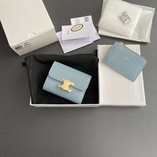 1:1 Replica Celine Compact Wallet with Triomphe Coin Purse Blue Knockoff