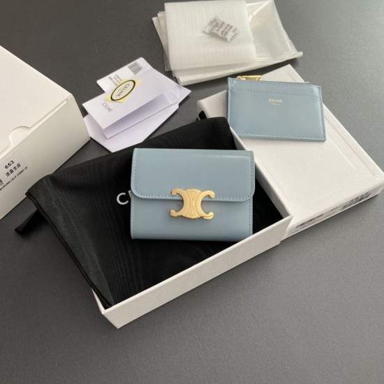 1:1 Replica Celine Compact Wallet with Triomphe Coin Purse Blue Knockoff