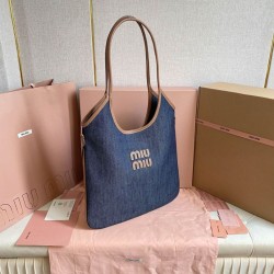 1:1 Replica Miu Miu Ivy Denim Crossbody Bag with Leather Trim 5BG231 Blue Knockoff