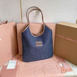 1:1 Replica Miu Miu Ivy Denim Crossbody Bag with Leather Trim 5BG231 Blue Knockoff