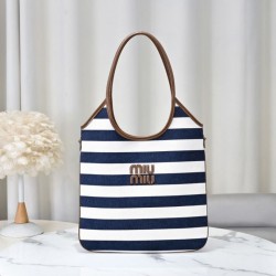 1:1 Replica Miu Miu Ivy canvas tote bag 5BG231 navy blue with white stripes Knockoff