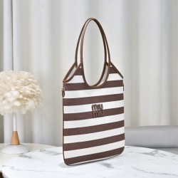 AAA Replica Miu Miu Ivy striped canvas and leather shoulder bag 5BG231 light coffee 1:1 Replica Miu Miu Ivy striped canvas and leather shoulder bag 5BG231 light coffee Knockoff