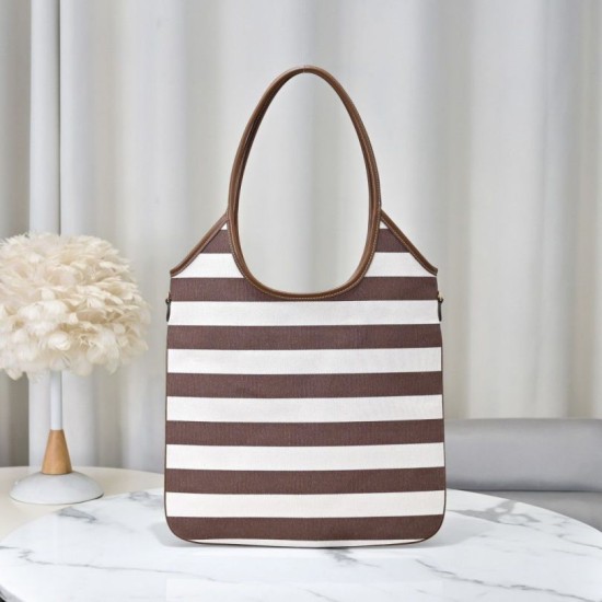 1:1 Replica Miu Miu Ivy striped canvas and leather shoulder bag 5BG231 light coffee Knockoff
