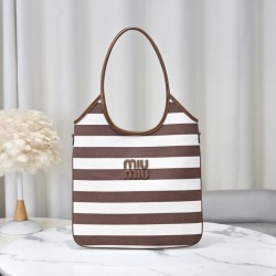 1:1 Replica Miu Miu Ivy striped canvas and leather shoulder bag 5BG231 light coffee Knockoff