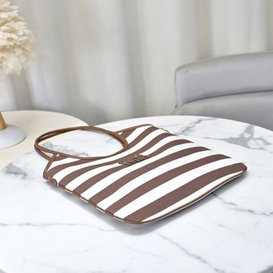 1:1 Replica Miu Miu Ivy striped canvas and leather shoulder bag 5BG231 light coffee Knockoff