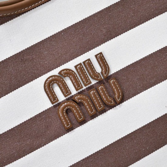 1:1 Replica Miu Miu Ivy striped canvas and leather shoulder bag 5BG231 light coffee Knockoff