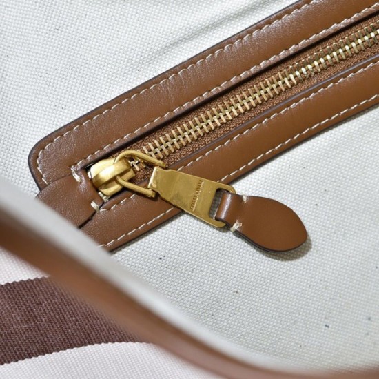 1:1 Replica Miu Miu Ivy striped canvas and leather shoulder bag 5BG231 light coffee Knockoff
