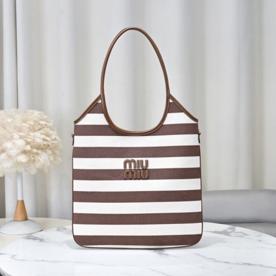 1:1 Replica Miu Miu Ivy striped canvas and leather shoulder bag 5BG231 light coffee Knockoff