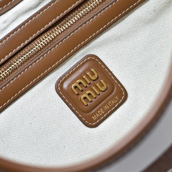 1:1 Replica Miu Miu Ivy striped canvas and leather shoulder bag 5BG231 light coffee Knockoff