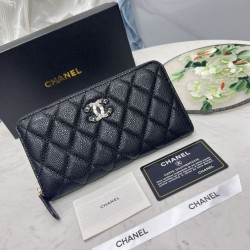 1:1 Replica Chanel Zip Around Wallet Quilted Leather Caviar Black Knockoff