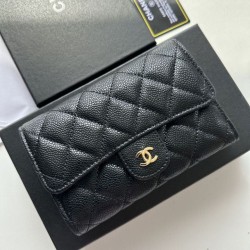 1:1 Replica Chanel Quilted Caviar Card Holder with Flap Black with Gold Details Knockoff