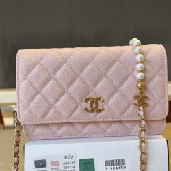 1:1 Replica Chanel Quilted Pearl Caviar Wallet with Woc Chain in Pink Knockoff