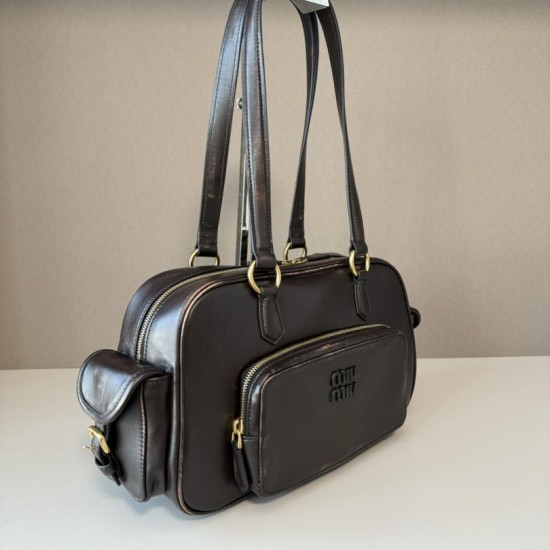 1:1 Replica Miu Miu Pocket shoulder bags with top handle Coffee Knockoff