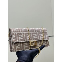 Mirror Quality Replica Fendi Baguette-Style Fabric Wallet with Chain Brown FF jacquard Clone