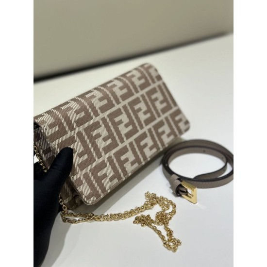 Mirror Quality Replica Fendi Baguette-Style Fabric Wallet with Chain Brown FF jacquard Clone