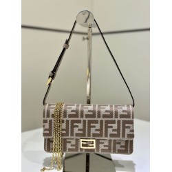 Mirror Quality Replica Fendi Baguette-Style Fabric Wallet with Chain Brown FF jacquard Clone