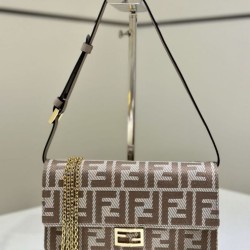 Mirror Quality Replica Fendi Baguette-Style Fabric Wallet with Chain Brown FF jacquard Clone