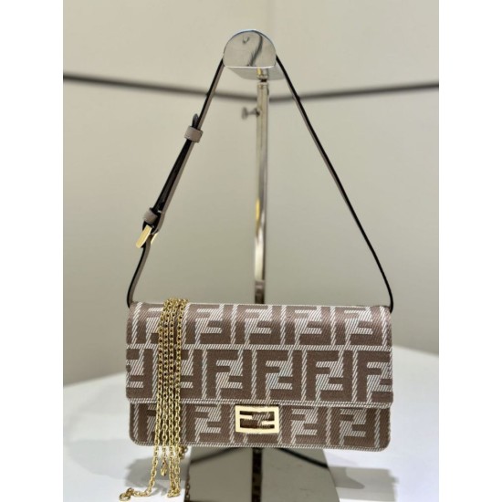 Mirror Quality Replica Fendi Baguette-Style Fabric Wallet with Chain Brown FF jacquard Clone