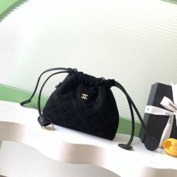 Mirror Quality Replica Chanel Quilted Suede Drawstring Bag AS5227 Black Clone