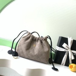 Mirror Quality Replica Chanel Quilted Suede Drawstring Bucket/Hobo Bag AS5227 in Gray Clone