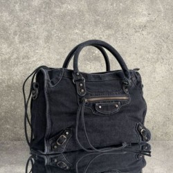 Mirror Quality Replica Balenciaga Le City Bag in Black Washed Denim Clone