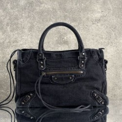 Mirror Quality Replica Balenciaga Le City Bag in Black Washed Denim Clone