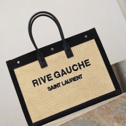 Luxury Replica YSL Saint Laurent Rive Gauche Embroidered Raffia Tote Bag Black Knockoff Mirror Quality Replica YSL Saint Laurent Rive Gauche Embroidered Raffia Tote Bag Black Clone