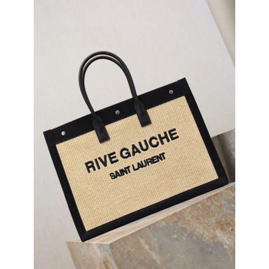 Luxury Replica YSL Saint Laurent Rive Gauche Embroidered Raffia Tote Bag Black Knockoff Mirror Quality Replica YSL Saint Laurent Rive Gauche Embroidered Raffia Tote Bag Black Clone