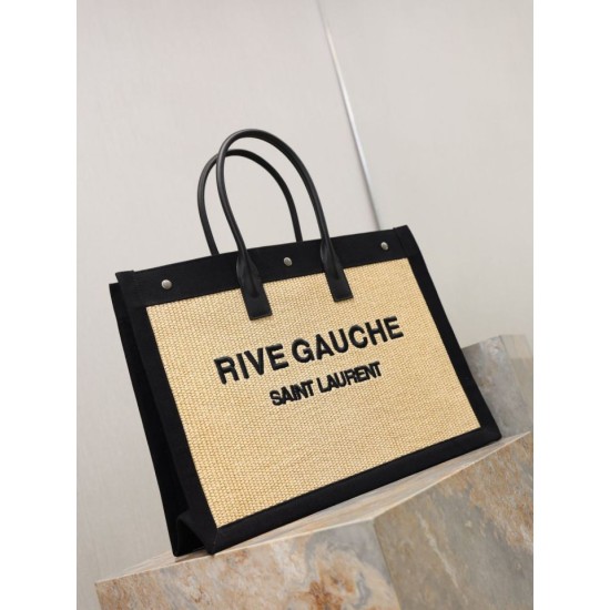Luxury Replica YSL Saint Laurent Rive Gauche Embroidered Raffia Tote Bag Black Knockoff Mirror Quality Replica YSL Saint Laurent Rive Gauche Embroidered Raffia Tote Bag Black Clone