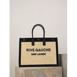 Mirror Quality Replica YSL Saint Laurent Rive Gauche Embroidered Raffia Tote Bag Black Clone