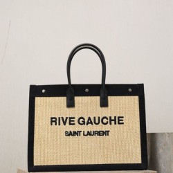 Mirror Quality Replica YSL Saint Laurent Rive Gauche Embroidered Raffia Tote Bag Black Clone