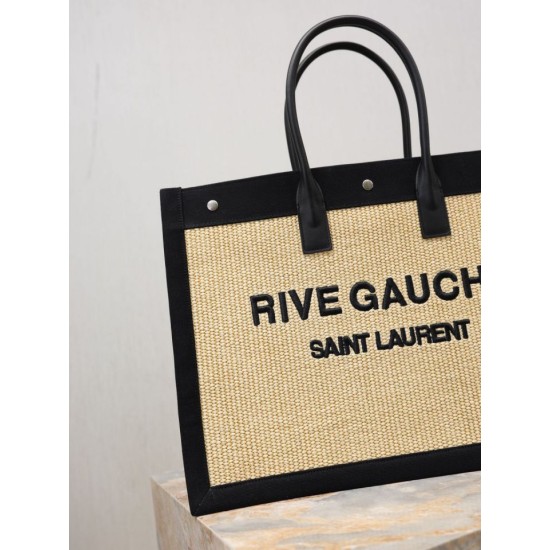 Luxury Replica YSL Saint Laurent Rive Gauche Embroidered Raffia Tote Bag Black Knockoff Mirror Quality Replica YSL Saint Laurent Rive Gauche Embroidered Raffia Tote Bag Black Clone
