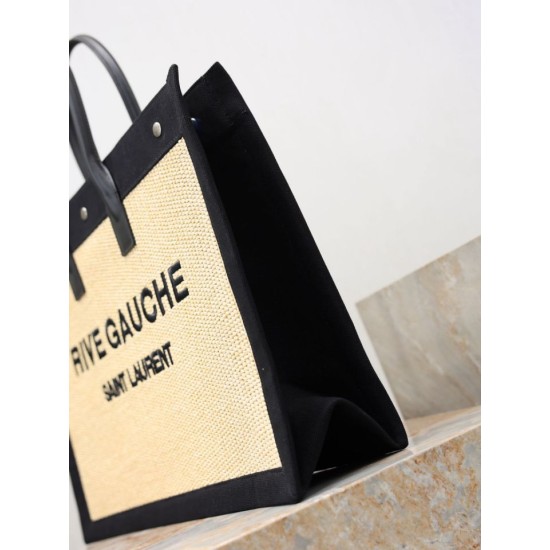 Luxury Replica YSL Saint Laurent Rive Gauche Embroidered Raffia Tote Bag Black Knockoff Mirror Quality Replica YSL Saint Laurent Rive Gauche Embroidered Raffia Tote Bag Black Clone