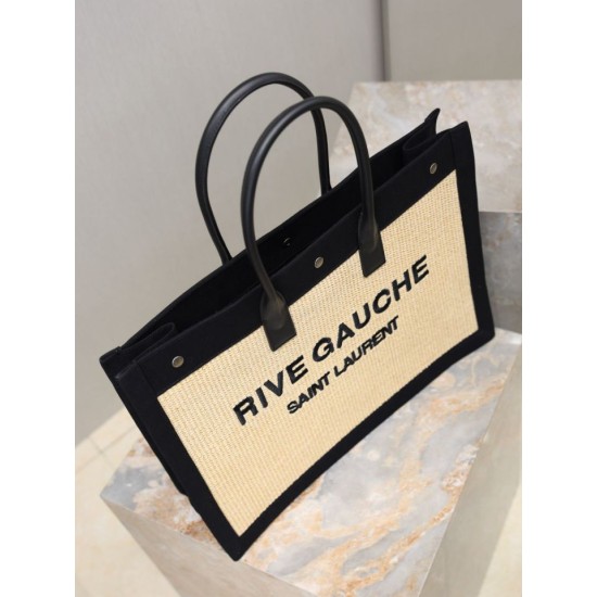 Luxury Replica YSL Saint Laurent Rive Gauche Embroidered Raffia Tote Bag Black Knockoff Mirror Quality Replica YSL Saint Laurent Rive Gauche Embroidered Raffia Tote Bag Black Clone
