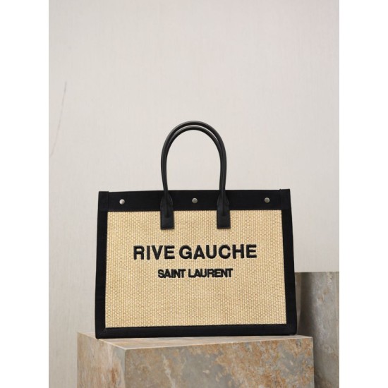 Luxury Replica YSL Saint Laurent Rive Gauche Embroidered Raffia Tote Bag Black Knockoff Mirror Quality Replica YSL Saint Laurent Rive Gauche Embroidered Raffia Tote Bag Black Clone