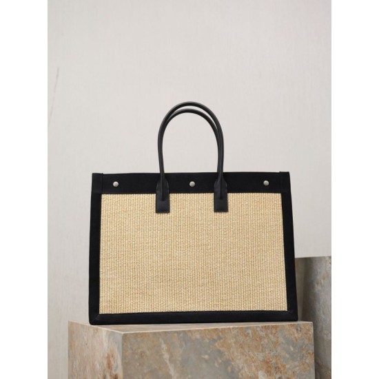Luxury Replica YSL Saint Laurent Rive Gauche Embroidered Raffia Tote Bag Black Knockoff Mirror Quality Replica YSL Saint Laurent Rive Gauche Embroidered Raffia Tote Bag Black Clone