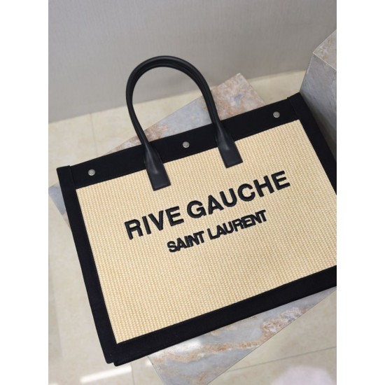 Luxury Replica YSL Saint Laurent Rive Gauche Embroidered Raffia Tote Bag Black Knockoff Mirror Quality Replica YSL Saint Laurent Rive Gauche Embroidered Raffia Tote Bag Black Clone