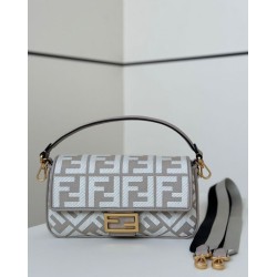 Mirror Quality Replica Fendi Baguette FF Embroidered Classic Shoulder Bag in Gray Clone
