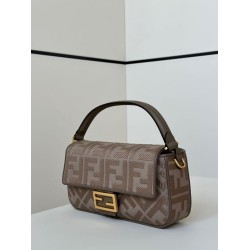 Luxury Replica Fendi Baguette FF Embroidered Classic Shoulder Bag in Brown Knockoff Mirror Quality Replica Fendi Baguette FF Embroidered Classic Shoulder Bag in Brown Clone