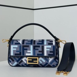 Mirror Quality Replica Fendi Baguette FF Embroidered Classic Shoulder Bag in Blue Clone