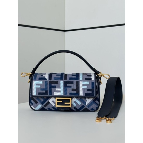 Luxury Replica Fendi Baguette FF Embroidered Classic Shoulder Bag in Blue Knockoff Mirror Quality Replica Fendi Baguette FF Embroidered Classic Shoulder Bag in Blue Clone